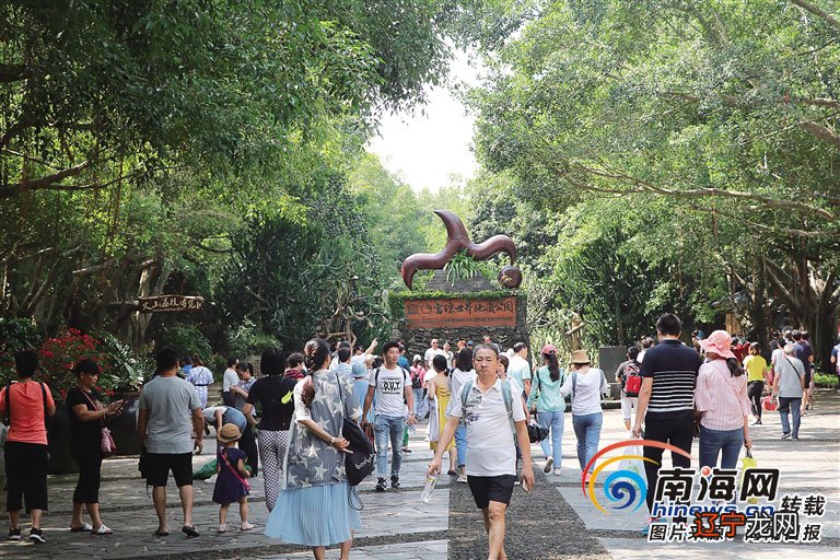 海南市民游客尽情享受新春佳节的欢乐公园表演竹竿舞